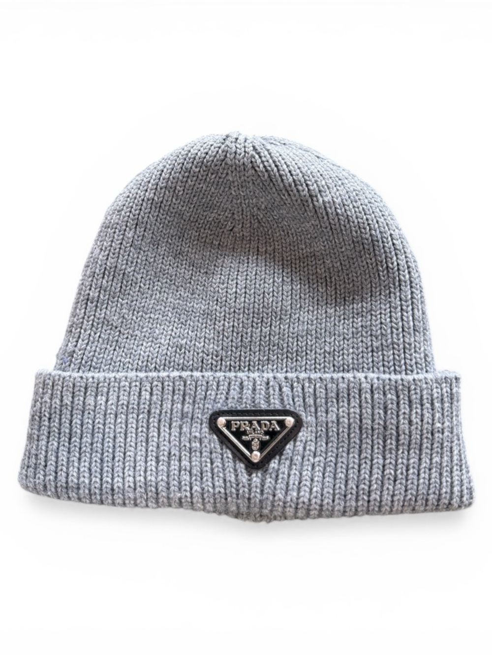 Prada Light Gray Ribbed Knit Beanie with Triangular Logo Plaque